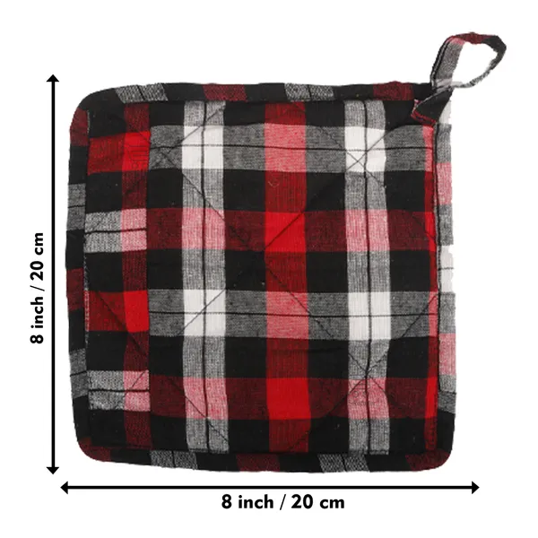 Cotton_Quilted_Pot_Holder_Set_of_4_Pcs._(Color-Check_Red,_Size-8x8_Inch)