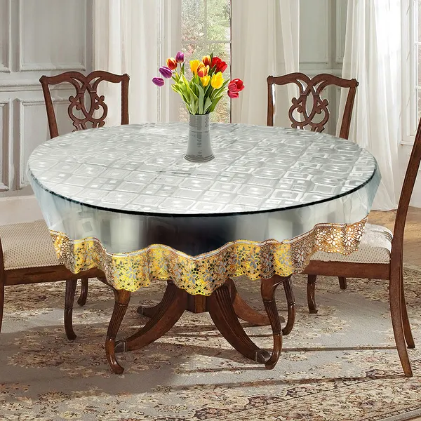 PVC_Square_Textured_4_Seater_Round_Table_Cover_With_Golden_Border_Lace_(Size-60_Inch_Round,_Color-Transparent)