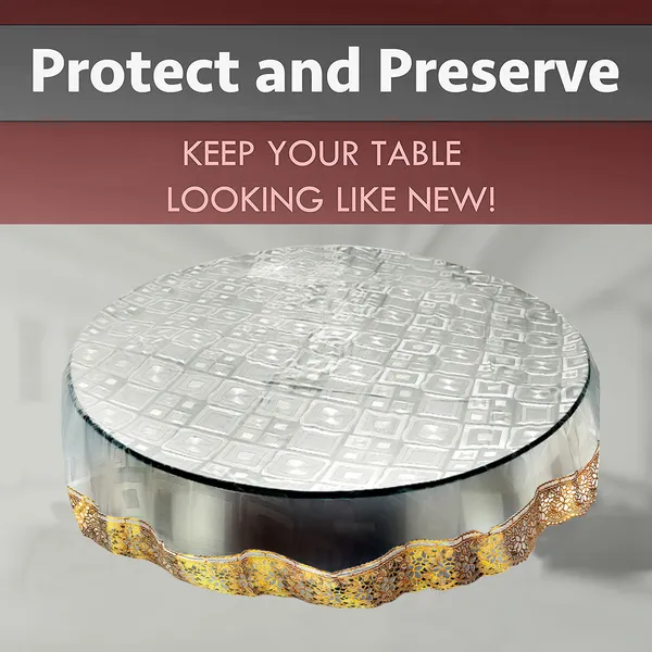 PVC_Square_Textured_4_Seater_Round_Table_Cover_With_Golden_Border_Lace_(Size-60_Inch_Round,_Color-Transparent)