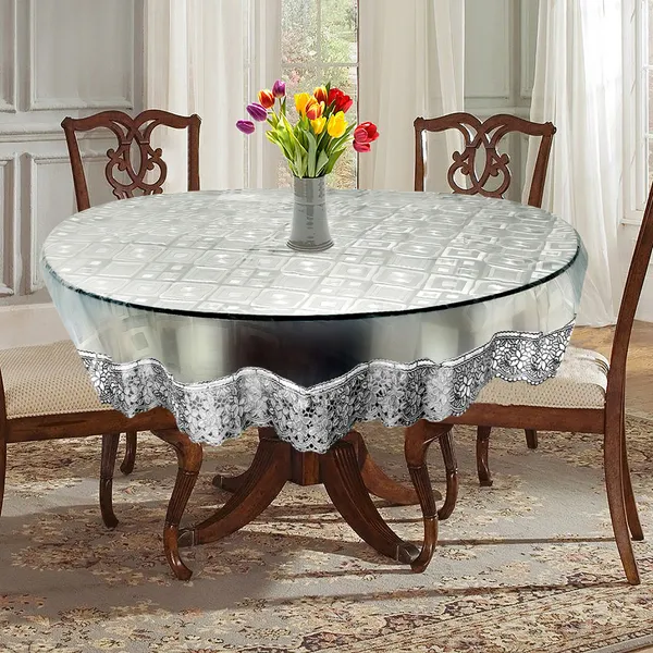 PVC_Square_Textured_4_Seater_Round_Table_Cover_With_Silver_Border_Lace_(Size-60_Inch_Round,_Color-Transparent)
