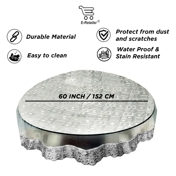 PVC_Square_Textured_4_Seater_Round_Table_Cover_With_Silver_Border_Lace_(Size-60_Inch_Round,_Color-Transparent)
