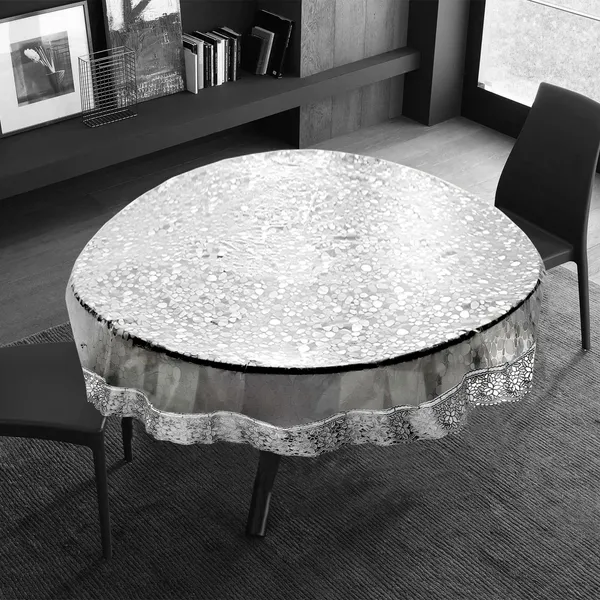 PVC_Diamond_Textured_6_Seater_Round_Table_Cover_With_Silver_Border_Lace_(Size-72_Inch_Round,_Color-Transparent)