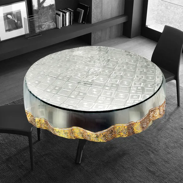 PVC_Square_Textured_6_Seater_Round_Table_Cover_With_Golden_Border_Lace_(Size-72_Inch_Round,_Color-Transparent)