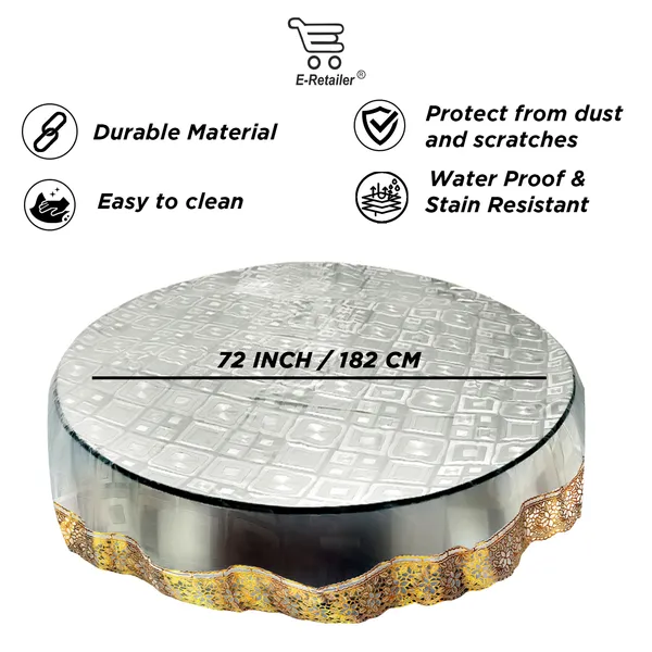 PVC_Square_Textured_6_Seater_Round_Table_Cover_With_Golden_Border_Lace_(Size-72_Inch_Round,_Color-Transparent)