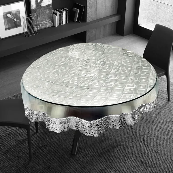 PVC_Square_Textured_6_Seater_Round_Table_Cover_With_Silver_Border_Lace_(Size-72_Inch_Round,_Color-Transparent)