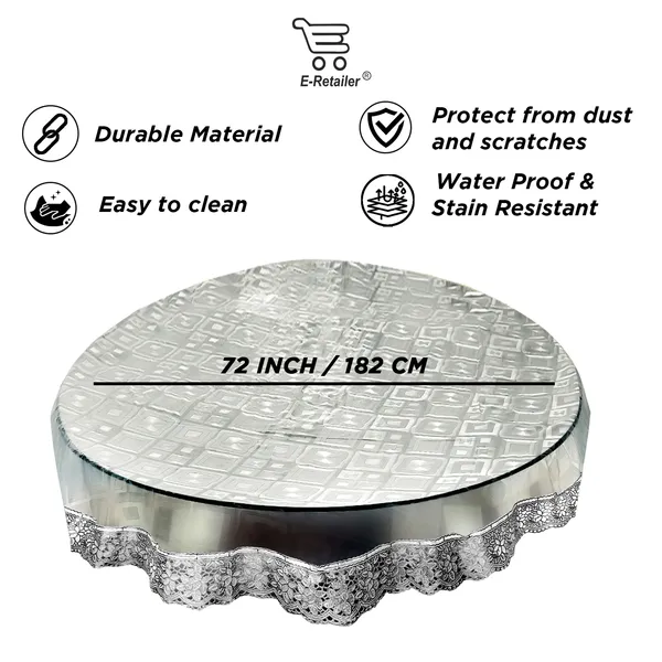 PVC_Square_Textured_6_Seater_Round_Table_Cover_With_Silver_Border_Lace_(Size-72_Inch_Round,_Color-Transparent)