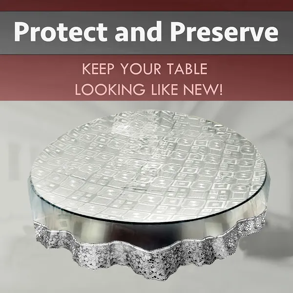 PVC_Square_Textured_6_Seater_Round_Table_Cover_With_Silver_Border_Lace_(Size-72_Inch_Round,_Color-Transparent)
