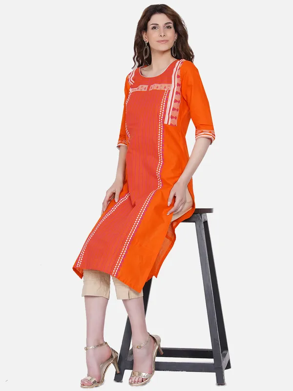 Orange_And_White_Ajrakh_Hand_Block_Cotton_Printed_Straight_Kurta_-_Inayat
