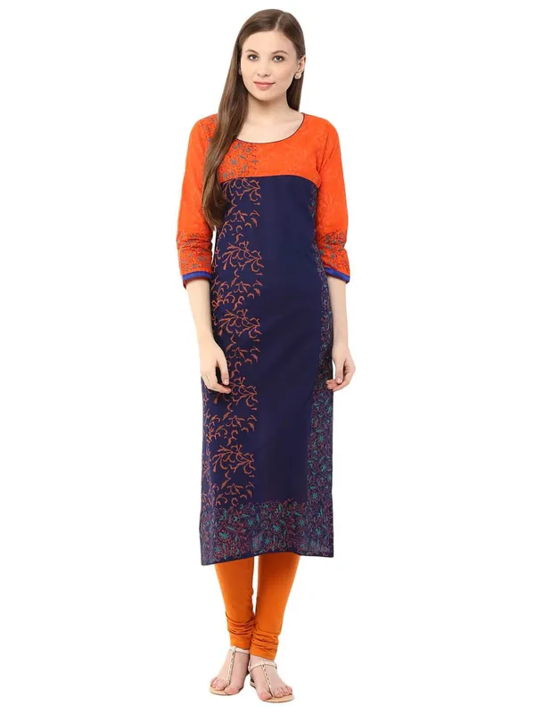Orange_And_Blue_Floral_Ajrakh_Hand_Block_Cotton_Printed_Straight_Kurta_-_Bhor
