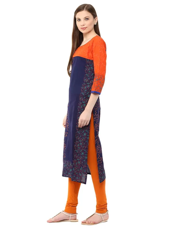 Orange_And_Blue_Floral_Ajrakh_Hand_Block_Cotton_Printed_Straight_Kurta_-_Bhor