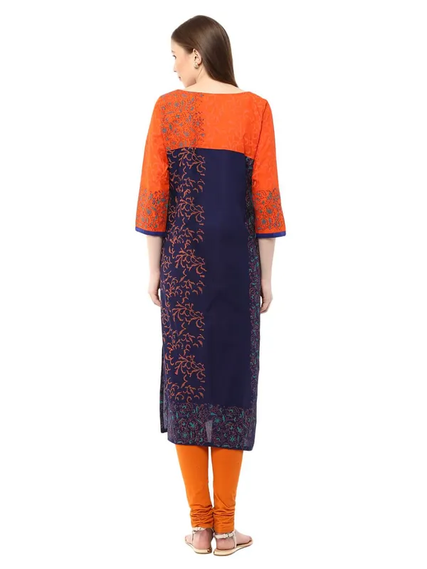 Orange_And_Blue_Floral_Ajrakh_Hand_Block_Cotton_Printed_Straight_Kurta_-_Bhor