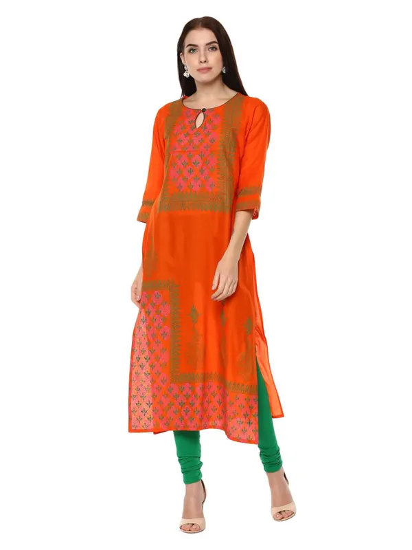 Orange_And_Green_Ajrakh_Hand_Block_Cotton_Printed_Straight_Kurta_-_Inayat