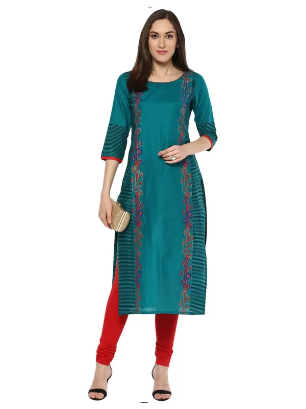 Peacock_Blue_Geometric_Ajrakh_Hand_Block_Cotton_Printed_Straight_Kurta_-_Inayat
