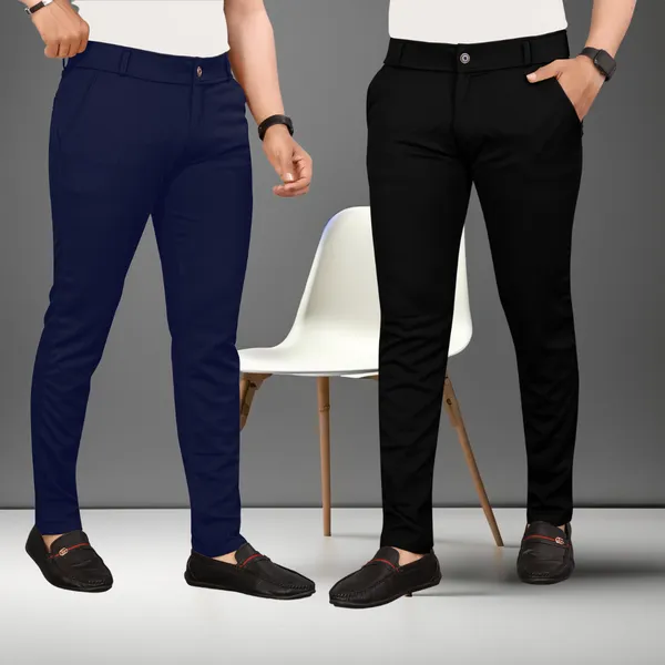 Diruno Set of 2 Trouser Slim Fit Twill Lycra For Men Black & Navy Blue ...