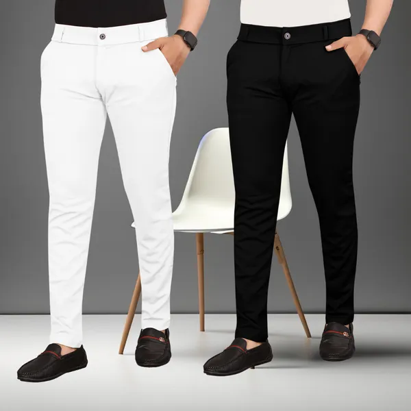 Diruno Set of 2 Trouser Slim Fit Twill Lycra For Men Black & White ...