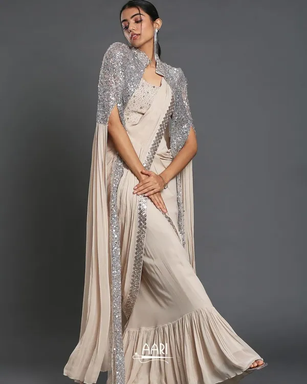 Sequin_Pre_Draped_Saree_With_Jacket_And_Long_Shrug_Georgette_Saree