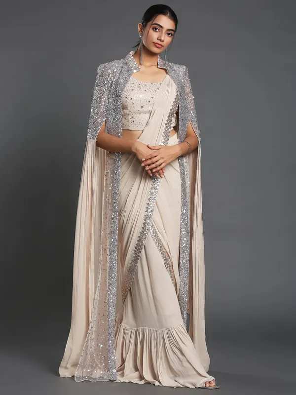 SAREESY Sequin Pre Draped Saree With Jacket And Long Shrug