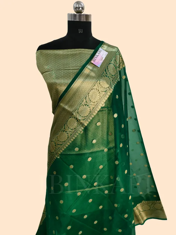 Semi_Faux_Banarasi_Buti_Saree_With_Blouse_/_Bottle_Green