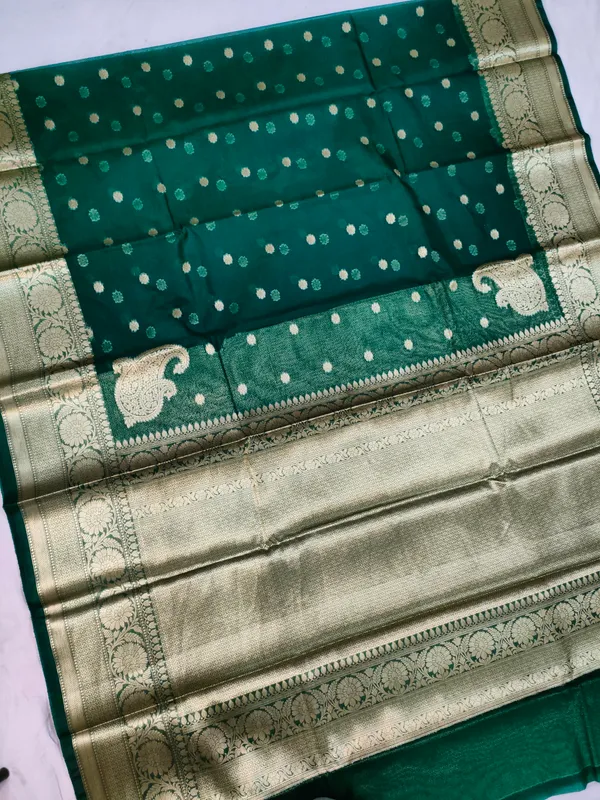 Semi_Faux_Banarasi_Buti_Saree_With_Blouse_/_Bottle_Green