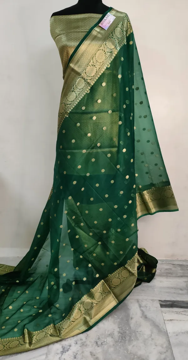 Semi_Faux_Banarasi_Buti_Saree_With_Blouse_/_Bottle_Green