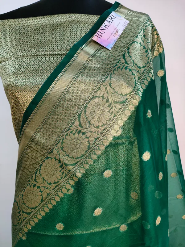 Semi_Faux_Banarasi_Buti_Saree_With_Blouse_/_Bottle_Green