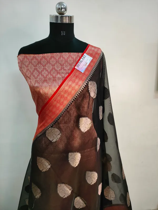 Semi_Faux_Banarasi_Saree_With_Blouse_faux_Gold_Zari_Buta/_BLACK