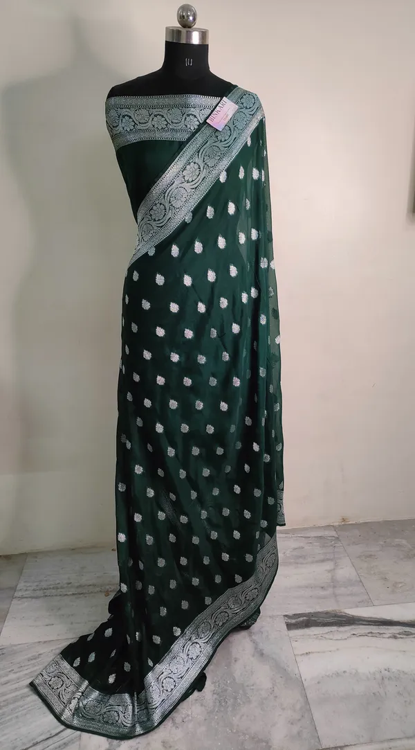 Faux_Katans_Georgette_Banarasi_Buti_Banarasi_saree/_bottle_green