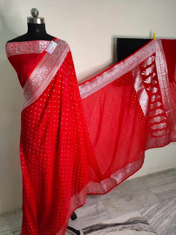 Faux_Katans_blend_banarasi_saree_faux_roopa_silver_zari_buti_pattern_with_blouse/_Red