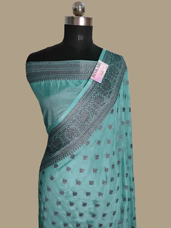 Faux_Georgette_Buti_Banarasi_saree_Faux_Grey_Zari_with_blouse/_Light_Sea-Green