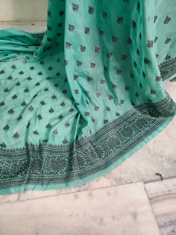 Faux_Georgette_Buti_Banarasi_saree_Faux_Grey_Zari_with_blouse/_Light_Sea-Green
