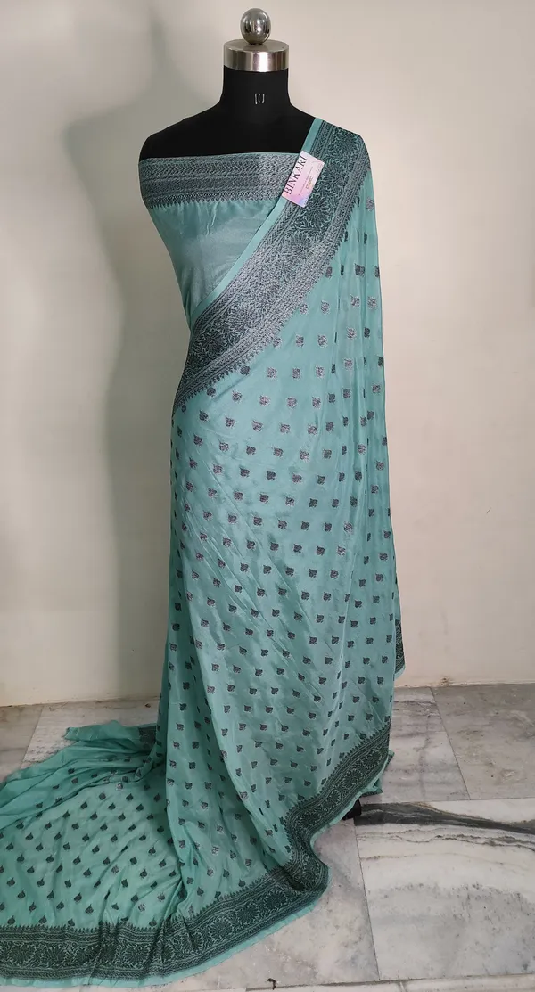 Faux_Georgette_Buti_Banarasi_saree_Faux_Grey_Zari_with_blouse/_Light_Sea-Green