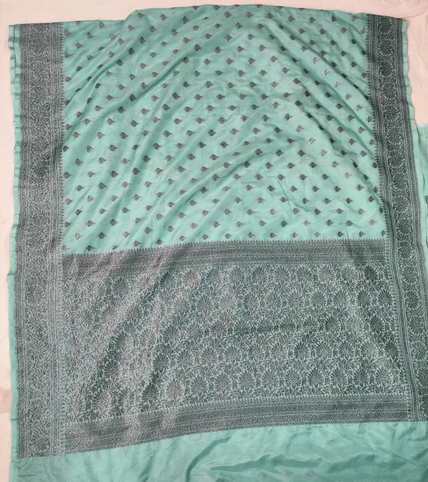 Faux_Georgette_Buti_Banarasi_saree_Faux_Grey_Zari_with_blouse/_Light_Sea-Green