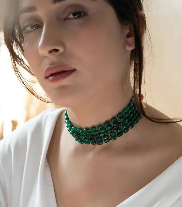 Binni s Wardrobe Binnis wardrobe Gold plated 5 lines choker green emerald necklace Price in India Buy Binni s Wardrobe Binnis wardrobe Gold plated 5 lines choker green emerald necklace online at undef...