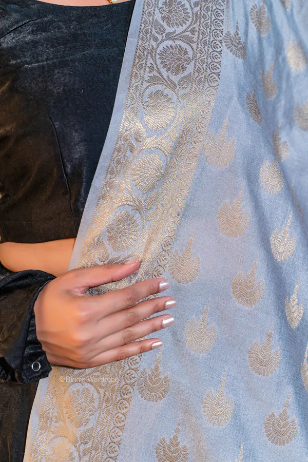 Binnis_wardrobe_Pure_dupion_silk_Banarasi_handloom_Light_steal_blue_dupatta