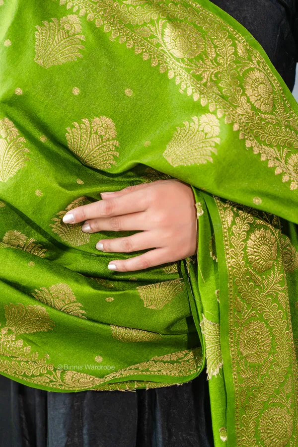 Pure_dupion_silk_Banarasi_handloom_Olive_dupatta