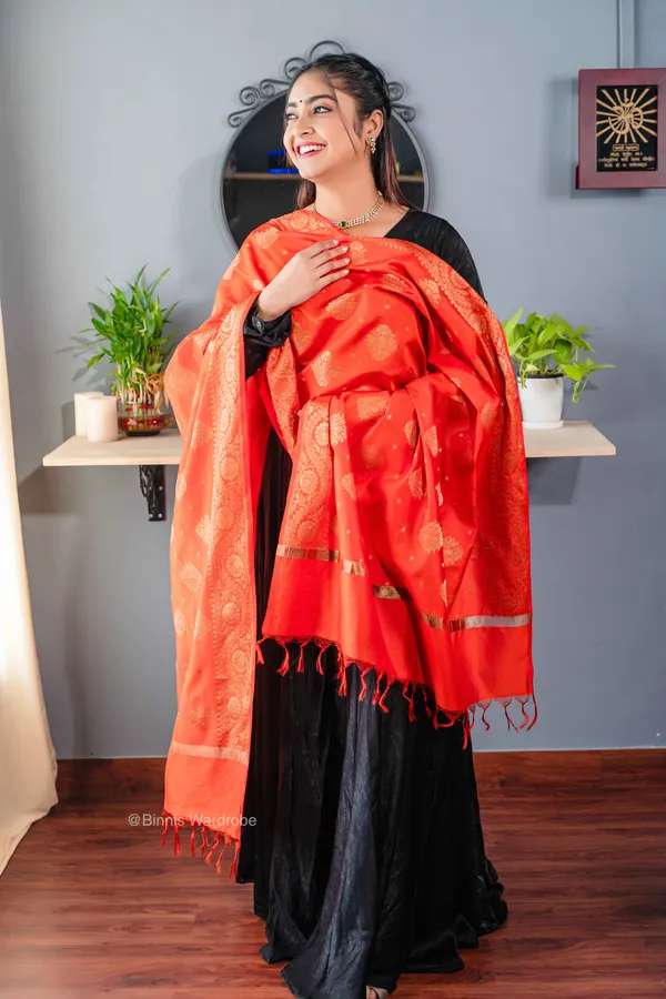 Pure_dupion_silk_Banarasi_handloom_Orange_dupatta