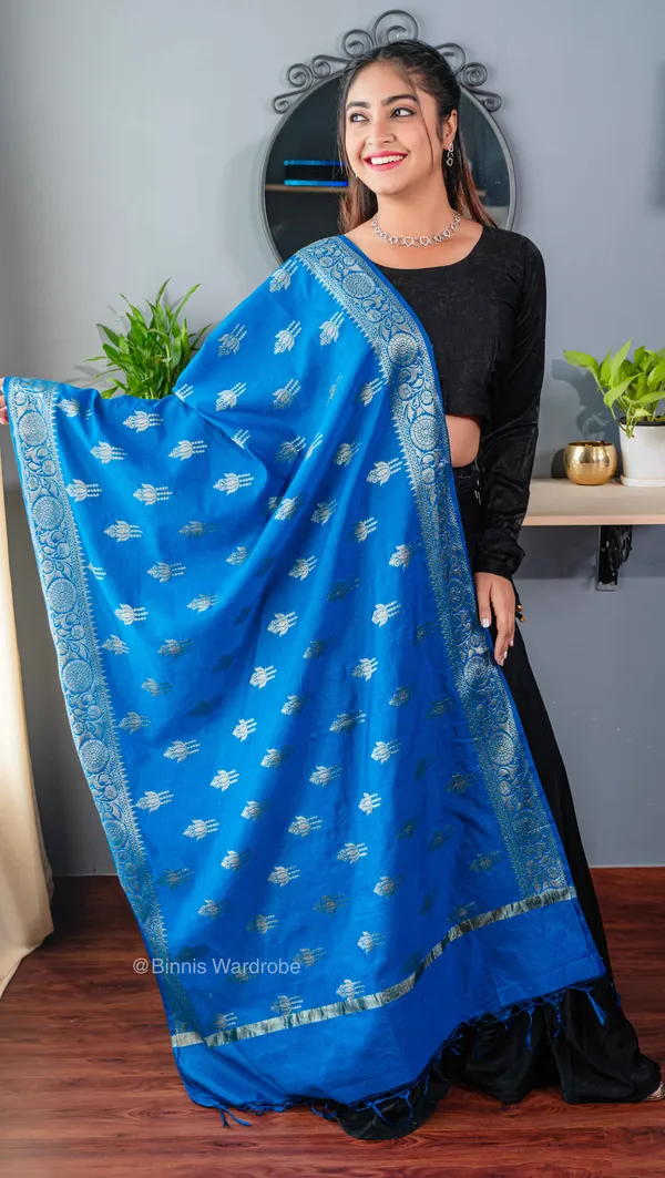 Pure_dupion_silk_Banarasi_handloom_Mid_Blue_dupatta