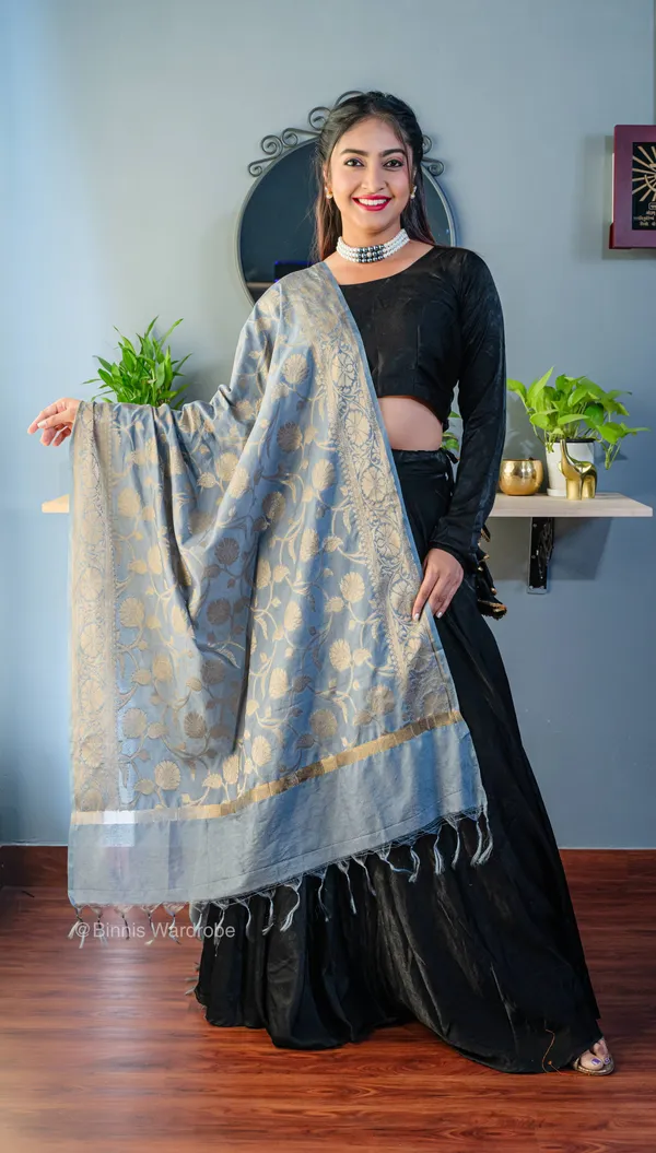 Pure_dupion_silk_Banarasi_handloom_State_grey_dupatta
