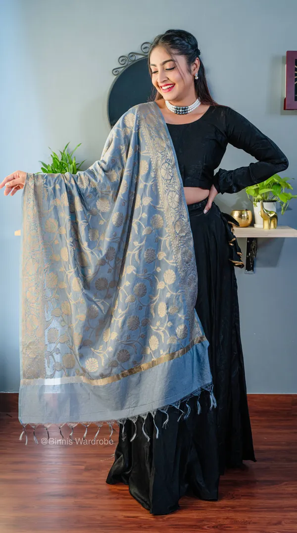 Pure_dupion_silk_Banarasi_handloom_State_grey_dupatta
