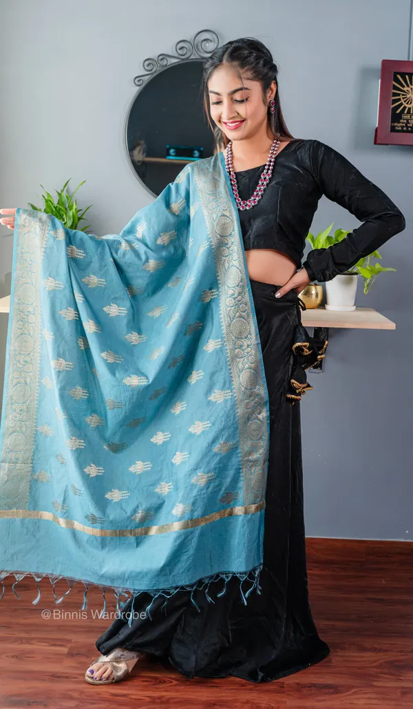Pure_dupion_silk_Banarasi_handloom_Blue_dupatta