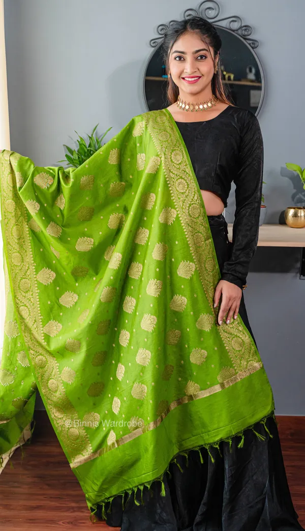 Pure_dupion_silk_Banarasi_handloom_Olive_dupatta