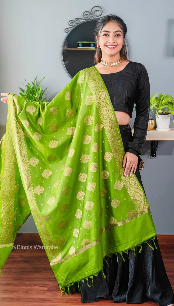 Pure_dupion_silk_Banarasi_handloom_Olive_dupatta