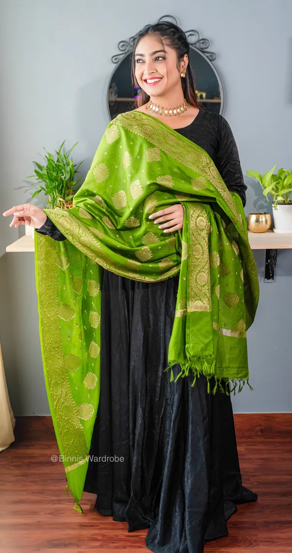 Pure_dupion_silk_Banarasi_handloom_Olive_dupatta