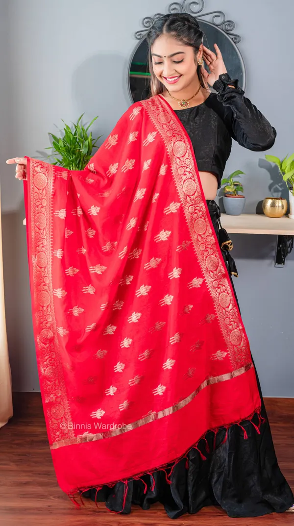 Pure_dupion_silk_Banarasi_handloom_Lotus_red_dupatta
