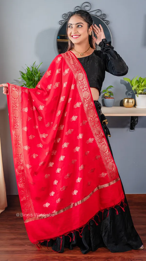 Pure_dupion_silk_Banarasi_handloom_Lotus_red_dupatta