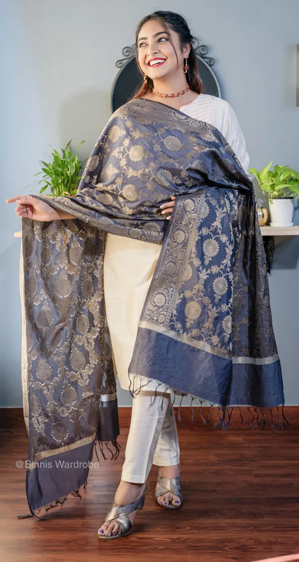 Pure_dupion_silk_Banarasi_handloom_Drak_grey_dupatta