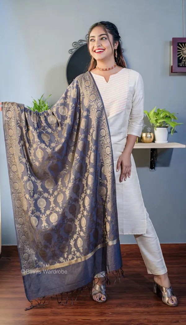 Pure_dupion_silk_Banarasi_handloom_Drak_grey_dupatta