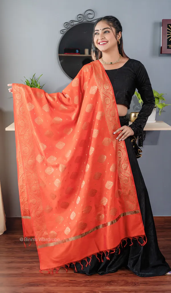 Pure_dupion_silk_Banarasi_handloom_Orange_dupatta