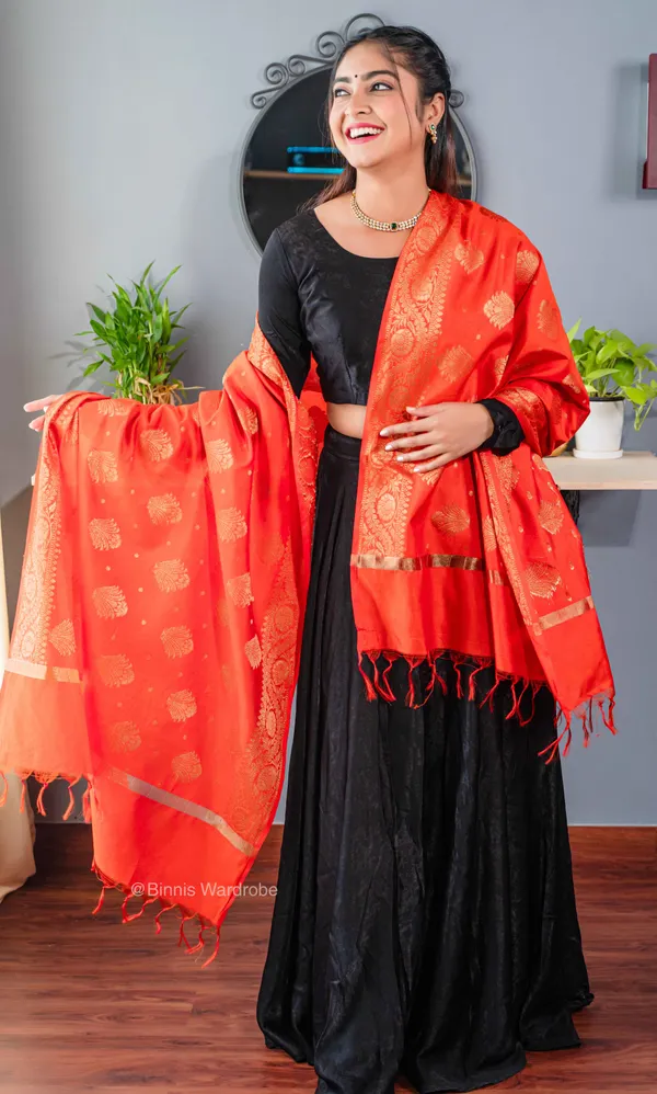 Pure_dupion_silk_Banarasi_handloom_Orange_dupatta