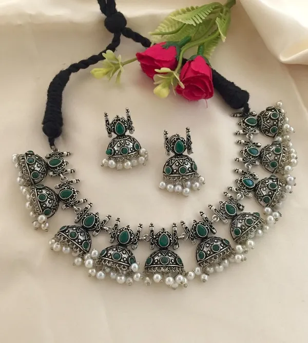 Traditional_Oxidized_Silver_Choker_Necklace_&_Earring_Set_with_Green_Stones_and_Pearl_Drops
